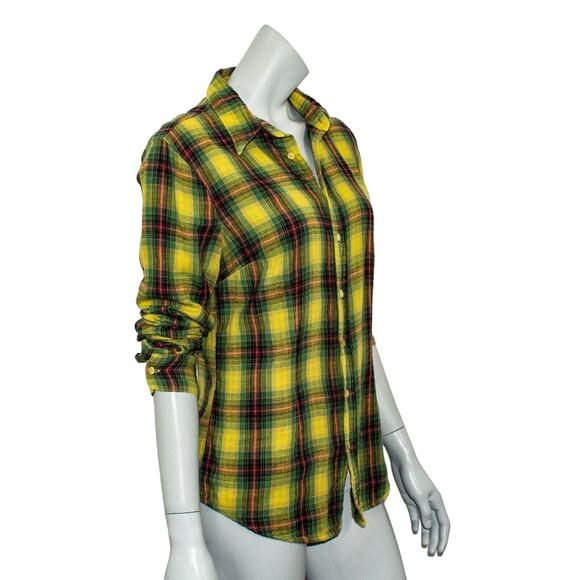 CP Shades Women's Button up Flannel Shirt Yellow Green Plaid Cotton Size Medium - Picture 4 of 9